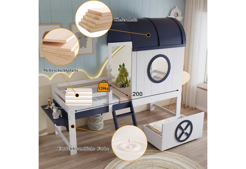 Merax Hochbett (Etagenbett Jugendbett Hausbett Einzelbett, 1-St., Kieferholz) Kinderbett 90x200cm mit Dach Fenster Schublade Schrägleiter Regal, Weiß, – Produktbild 5 von 5