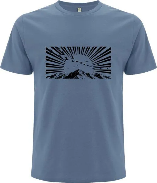Spreecult Spreecult Holzschnitt Sonnenstrahlen - Bio und Fair - Männer Unisex T-Shirt - Berge u Vögel, Blau, – Produktbild 2 von 2