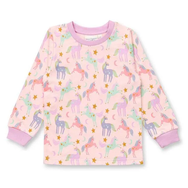 Sense Organics Sense Organics Kinder Schlafanzug, Modell LONG JOHN SWEAT, Zarter einhorn-druck auf rosa hintergrund, – Produktbild 2 von 4