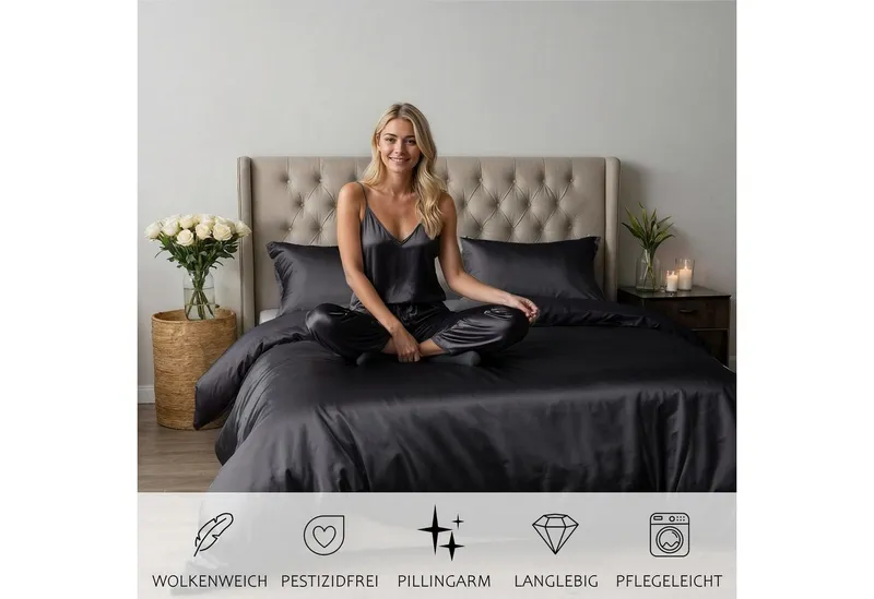 Cozyor Bettwäsche Satin glänzend 135x200, 155x200, 155x220, 200x200cm mit Reißverschluss, Satin, schwarz Eclipse, 2 teilig, Edel und hochwertig, Schwarz, – Produktbild 4 von 5