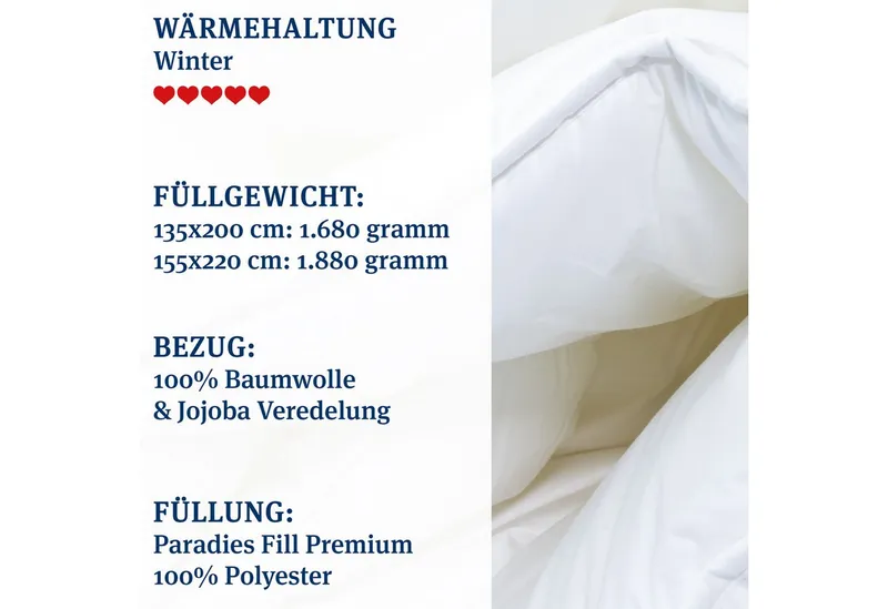 Paradies Paradies Kunstfaserbettdecke Runa, Füllung: 100% Polyester, Bezug: 100% Baumwolle, extra voluminöse, kuschelige & warme Winterdecke, vegane Daunendecke, Weiß, – Produktbild 4 von 5