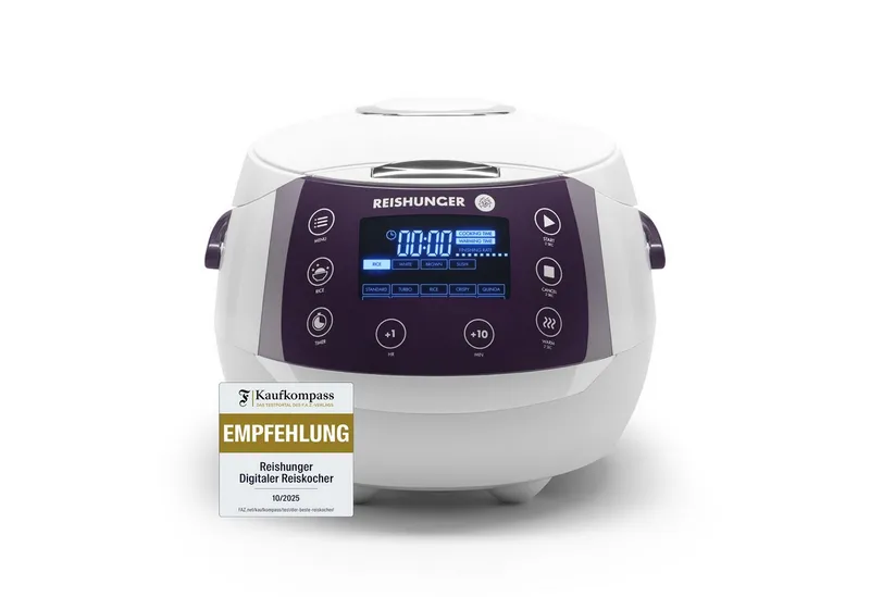 Reishunger Reishunger Reiskocher Digital – 1,5 L – Multikocher – 12 Programme – Keramikbeschichtung, 860 W, Timer- und Warmhaltefunktion, 7-Kochphasen-Technologie, LED-Display, Lila|weiß, – Produktbild 1 von 5
