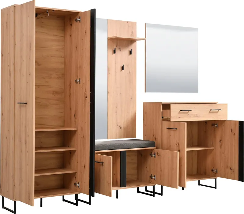 Home affaire Garderoben-Set Sardinia 5-teiliges Set mit Spiegel in Eiche mit schwarzen Elementen, (Set, 5-St., Garderobenschrank, Schuhkommode, Schuhbank, Garderobenpaneel, Spiegel), Beige, – Produktbild 5 von 5