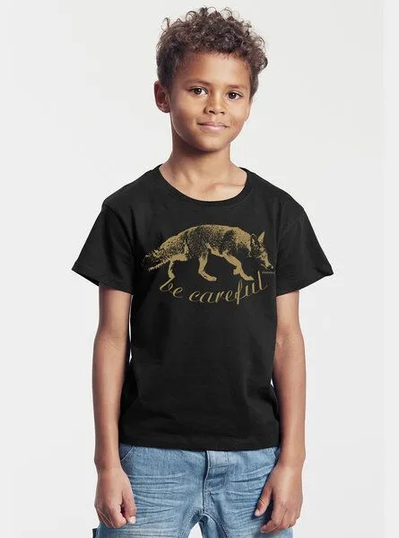 Peaces.bio - handbedruckte Biomode Peaces.bio - handbedruckte Biomode Bio-Kinder T-Shirt Be Careful, Schwarz, – Produktbild 2 von 3