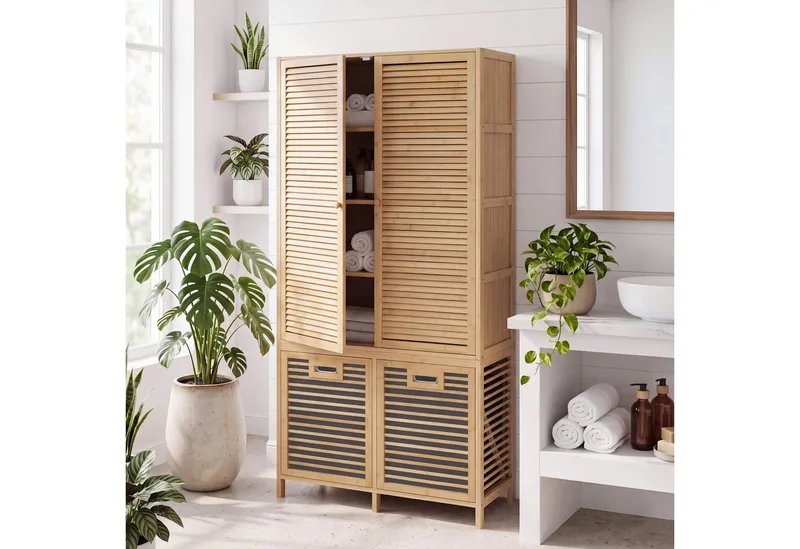 MCW Hochschrank MCW-N83-T Mit Ablagefächern und zwei Wäschekörben, Grau, – Produktbild 1 von 5
