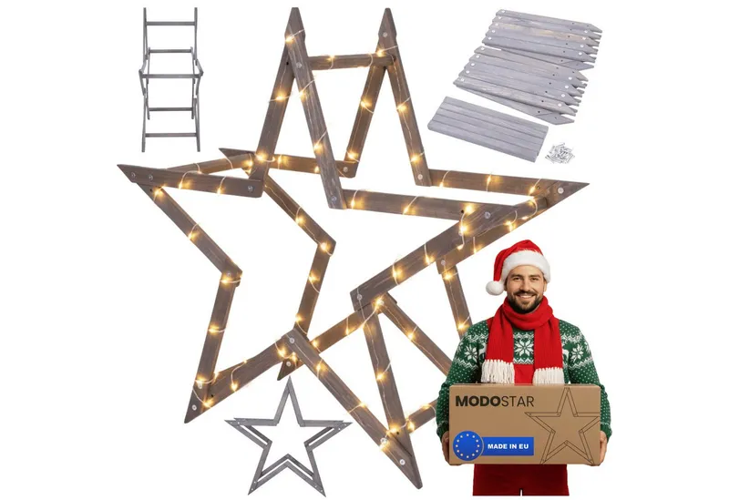 Modo24 Dekostern DIY MODOSTAR Weihnachtsstern Set aus FSC Holz 2D und 3D in 3 Breiten, zum Garten & Terrasse, wetterfest, faltbar & stabil, Weihnachtsdeko, Grau, – Produktbild 6 von 6