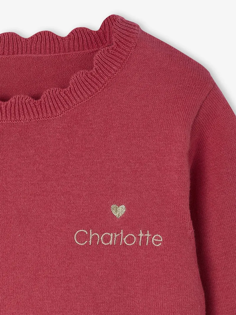 Vertbaudet Mädchen Pullover mit Herz-Stickerei & Wellenausschnitt BASIC, Himbeer, – Produktbild 3 von 3