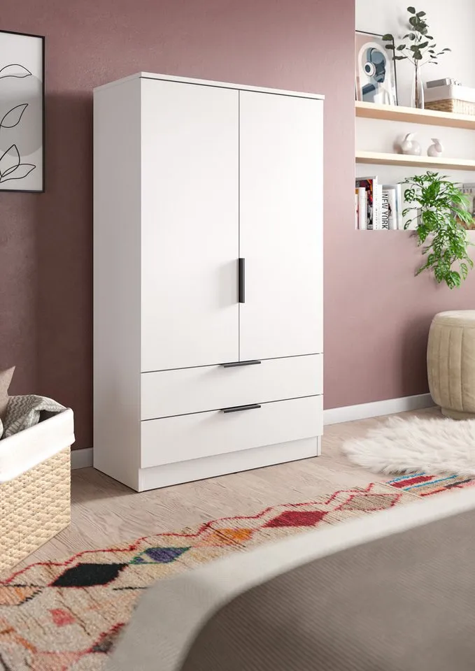 furnling Wäscheschrank Kovena 1 Kleiderstange, 2 Türen, 2 Schubladen, Breite 80 cm, Weiß, – Produktbild 3 von 5
