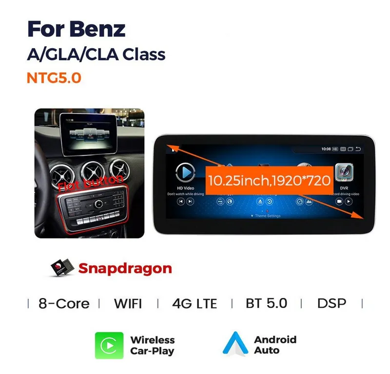 GABITECH Android 14 Autoradio GPS für Mercedes Benz A W176, C117, X156 NTG5.0. Autoradio (FM / AM-Radio, RDS, DAB+ Optional, Qualcomm Snapdragon. Carplay Android Auto), Schwarz, – Produktbild 2 von 5