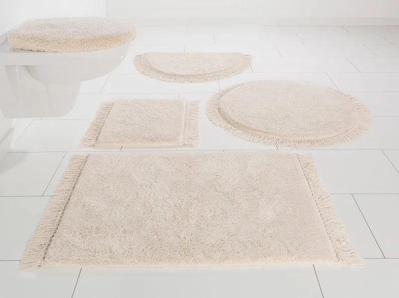OTTO home Badematte Finca, Badvorleger, Badezimmer Teppich, Höhe 16 mm, rutschhemmend beschichtet, strapazierfähig, fußbodenheizungsgeeignet, Baumwolle (Bio-Baumwolle), quadratisch, Fransen, Boho, Badteppich, Bio-Baumwolle, auch als 3 teiliges Set, Beige, – Produktbild 1 von 5