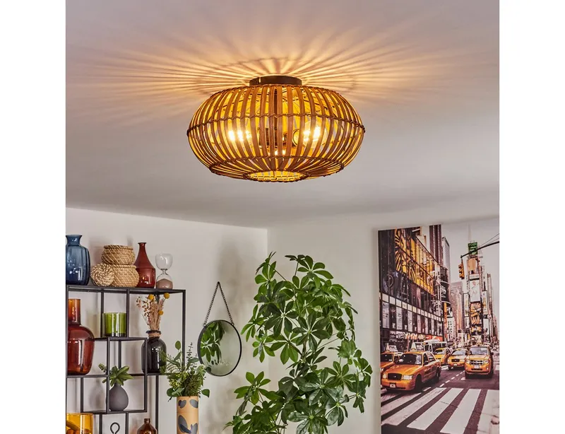 hofstein Deckenleuchte moderne Deckenlampe aus Metall/Bambus in Schwarz/Natur/Dunkelbraun, ohne Leuchtmittel, Deckenleuchte m. Lichteffekt, Ø 40 cm, 3 x E27, ohne Leuchtmittel, Beige|braun, – Produktbild 1 von 5