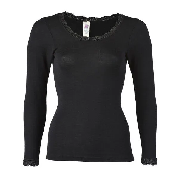 Engel natur Engel natur Damen Unterhemd Langarm m. Spitze Bio-Schurwolle/Seide, Schwarz, – Produktbild 1 von 2