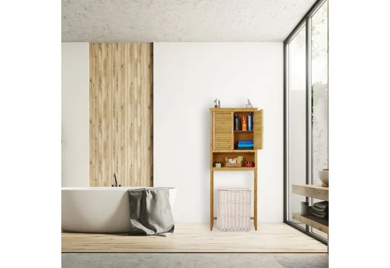 RELAXDAYS RELAXDAYS Waschmaschinenumbauschrank Waschmaschinenschrank LAMELL Bambus, Braun|silberfarben, – Produktbild 2 von 5