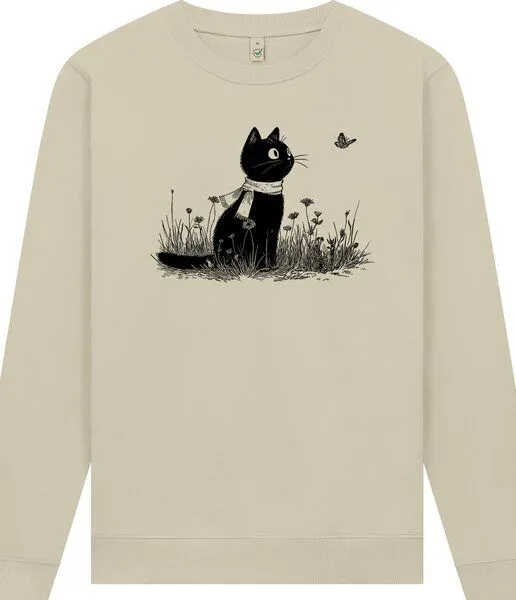 Spreecult Spreecult Katze und Schmetterling- Unisex Sweatshirt - Bio und Fair - Tiere, Beige (weiß), – Produktbild 1 von 4