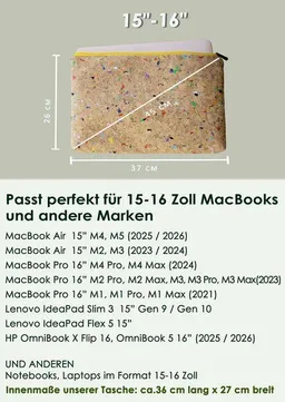 BY COPALA BY COPALA Nachhaltige 15–16 Zoll Kork Laptoptasche | Gefütterte vegane Laptop Hülle, Laptop Sleeve mit gelbem Zipper – handgemacht & wasserabweisend | Unikat-Schutzhülle für MacBook Air/Pro, Lenovo & HP : Farb-Akzenten – Produktbild 1 von 1