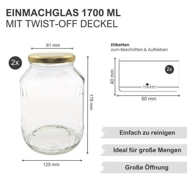 mikken mikken Große Einmachgläser 1700 ml mit Deckel Gold (TO89) – Produktbild 2 von 2
