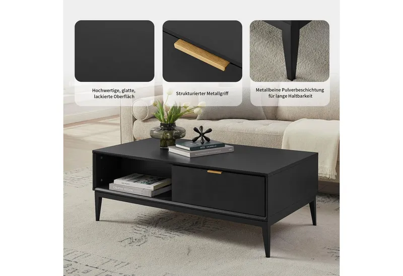 Leonique Couchtisch Lavisha, Eisengestell und FSC-zertifiziertes Holz, Breite 110 cm, Schwarz, – Produktbild 4 von 5
