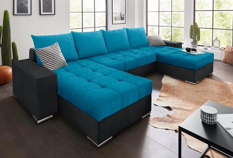 COLLECTION AB Wohnlandschaft Josy XL U-Form, Breite: 313 cm, Liegefl. 137x266 cm, Schlaffunktion, Bettkasten & 2 Zierkissen, Federkern, Blau|grau, – Produktbild 2 von 5