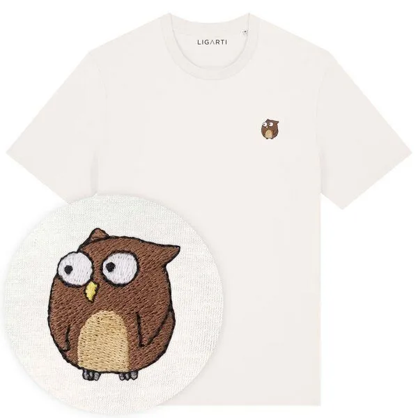 LIGARTI Besticktes T-Shirt – Eugen die Eule – LIGARTI Tiermanufaktur, Cremeweiss, – Produktbild 1 von 4