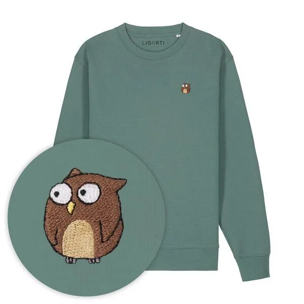 LIGARTI Bestickter Pullover – Eugen die Eule – LIGARTI Tiermanufaktur, Waldgrün, – Produktbild 1 von 3