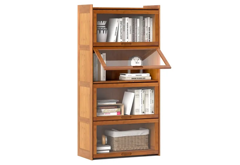 KOMFOTTEU Bücherregal, Vitrinenschrank aus Bambus, mit Türen, Braun, – Produktbild 1 von 5