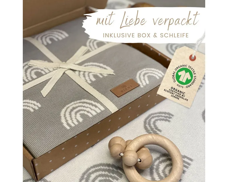 Babydecke DIKOS® aus Bio-Baumwolle - Regenbögen - Baby Decke für Neugeborene, DIKOS, Geschenk zur Geburt - Strickdecke PREMIUM Qualität - atmungsaktiv, Grau, – Produktbild 2 von 5