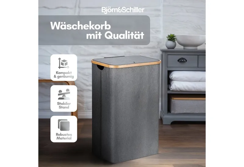Björn&Schiller Wäschekorb Wäschesammler mit Deckel Oxford-Gewebe, robust und leicht, mit 2 Fächern, 100 L ideal für Badezimmer, Grau, – Produktbild 2 von 5