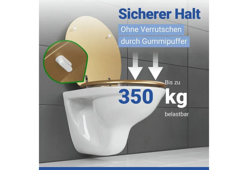 Wenko Wenko WC-Sitz Modell Aldeno, aus MDF mit Edelstahl-Befestigung, spülkastengeeignet, Goldfarben, – Produktbild 2 von 5