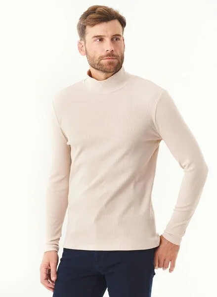 ORGANICATION ORGANICATION Geripptes Langarmshirt aus Bio-Baumwolle mit Rollkragen, Stone, – Produktbild 2 von 3