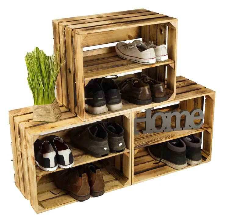 Kistenkolli Altes Land Allzweckkiste 3x Schuhschrank Schuhregal geflammt Holz 12 Paar 50x30x40cm (Spar-Set, 3er Set), Braun, – Produktbild 3 von 5