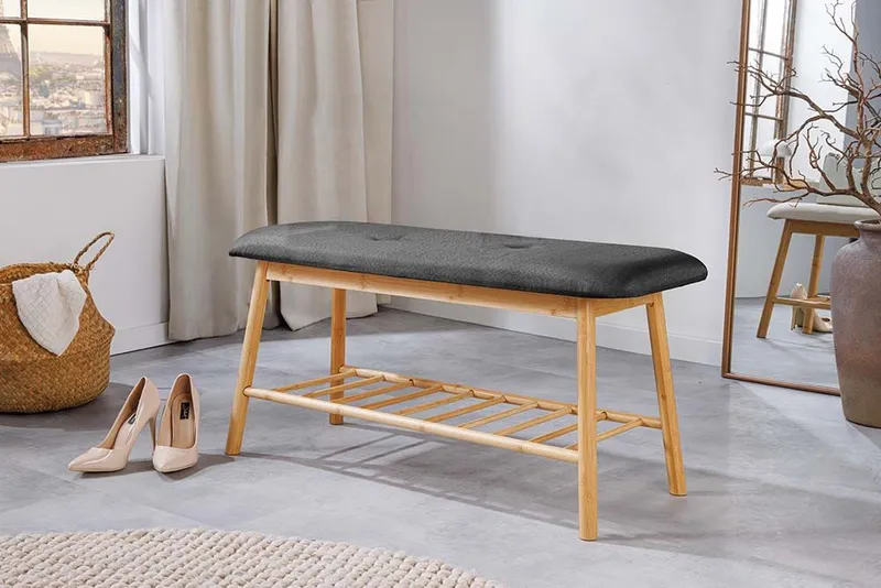 riess-ambiente Schuhbank ZEN-BO 90cm natur/grau - Bambus, FSC, Regal, Sitzbank, mit Stauraum (Einzelartikel, 1-St), Gepolsterte Garderobenbank aus Massivholz - ideal für Eingangsbereich, Grau, – Produktbild 3 von 5