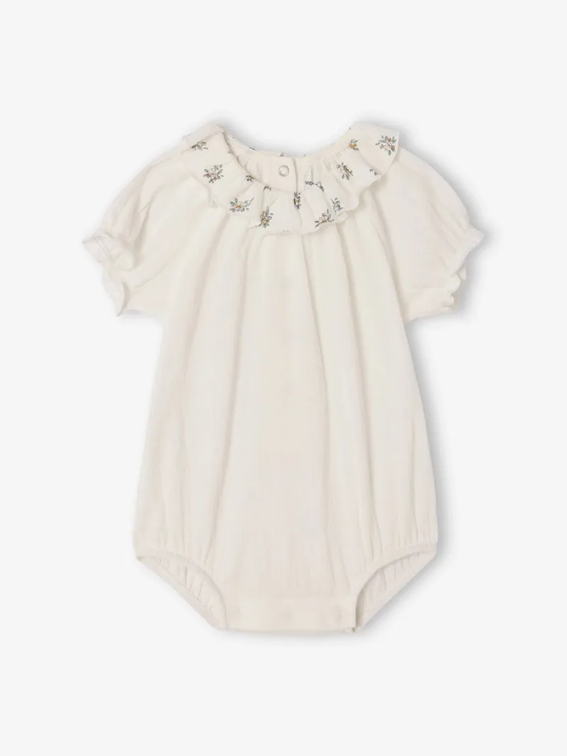 Vertbaudet Baby Body mit kurzen Puffärmeln und Rüschenkragen, Wollweiß, – Produktbild 1 von 3