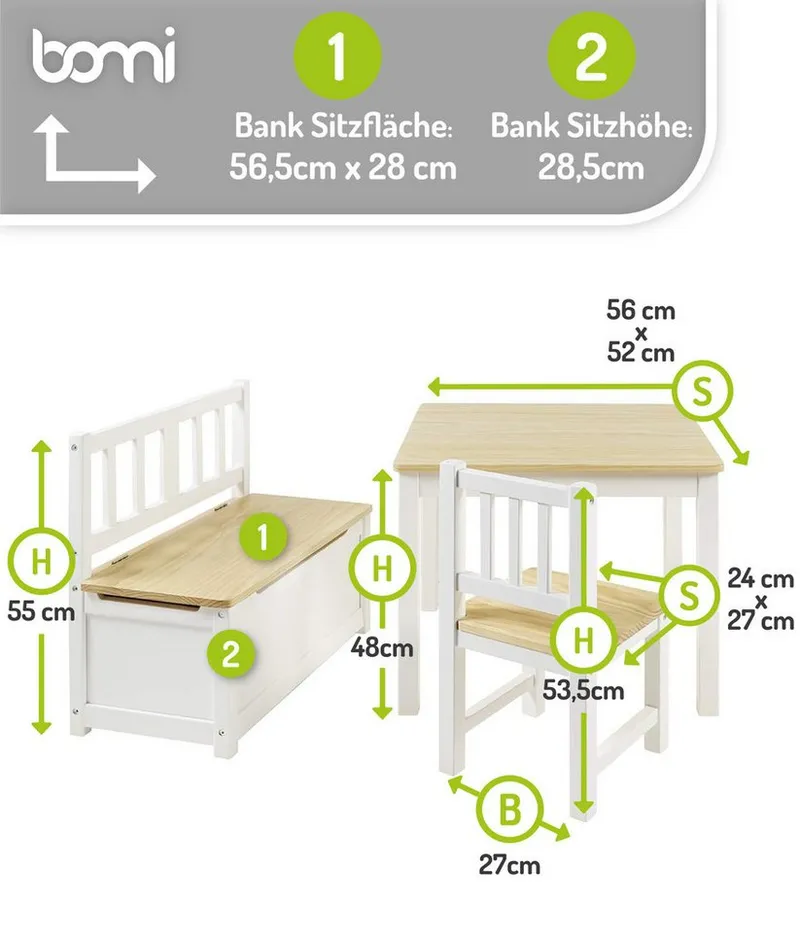 bomi bomi Kindersitzgruppe Holzsitzgruppe Anna, (Set, 4-tlg., 1x Tisch, 1x Truhenbank & 2x Stühle), Kindertischgruppe aus Holz, als Spiel- & Maltisch, Beige, – Produktbild 4 von 8