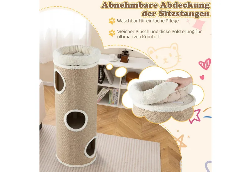 COSTWAY COSTWAY Kratzbaum Katzentonne mit 3 Höhlen, 4 Ebenen Katzentonne, 113 cm hoch, Braun, – Produktbild 3 von 5