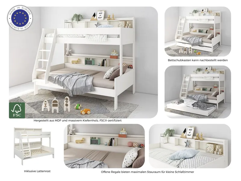 OTTO home Etagenbett Jaime II, Stockbett, viel Stauraum, mit Regalen, Massivholz mit MDF (Oberes Bett 90x200cm, unteres Bett 120x200cm), breite Liegefläche unten, FSC®, Made EU, 3. Schlafgelegenheit optional, Weiß, – Produktbild 3 von 5