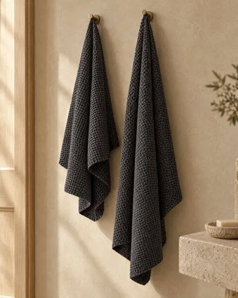 AmourLinen AmourLinen Waffel-Handtuch-Set aus Leinen, Family-Pack, 4 Badetücher + 4 Handtücher, Charcoal (schwarz), – Produktbild 4 von 4