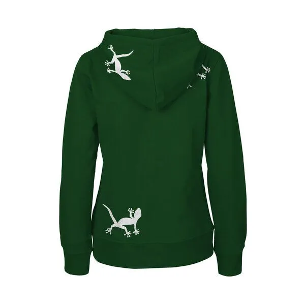 HANDGEDRUCKT HANDGEDRUCKT "Geckos" Frauen Zip-HOODY aus reiner Biobaumwolle (kbA), Bottlegreen, – Produktbild 1 von 4