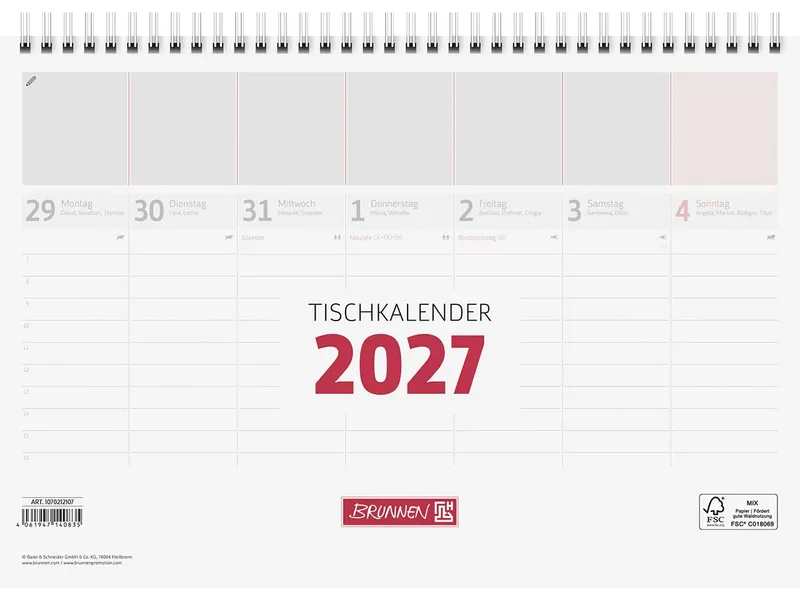 BRUNNEN BRUNNEN Glocken Tischkalender DIN A4, FSC, (1 Woche - 1 Seite) 2027 – Produktbild 1 von 1