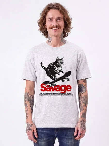 watapparel watapparel T-Shirt Unisex Savage cat, Cool heather grey, – Produktbild 3 von 3