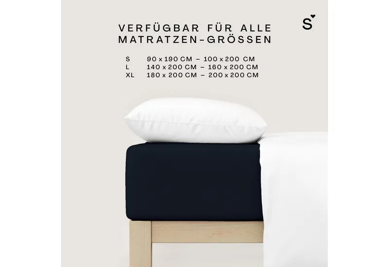 Schlafgut Schlafgut Spannbettlaken Basic Cotton Bettlaken, 160 g/m², 100% Baumwolle, Spannbetttuch, Jersey, Gummizug: rundum, (1 Stück), Spannbettlaken bis 20 cm Matratzenhöhe, bügelfrei und pflegeleicht, Schwarz, – Produktbild 4 von 5
