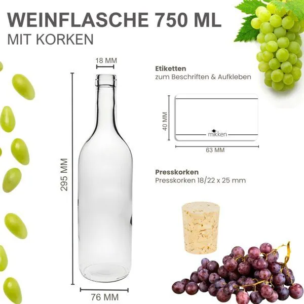 mikken mikken Glasflasche 0,75 L mit Korken – Weinflasche / Ölflasche inkl. Etiketten – in Klar- oder Grünglas, Transparent, – Produktbild 3 von 3