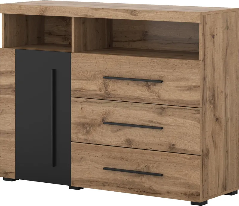 OTTO home Kommode Roger,Breite 120cm, moderne Anrichte mit 3 Schubladen, Sideboard mit viel Stauraum, Masse 120x92x38,5 (B/H/T), Beige|schwarz, – Produktbild 3 von 5