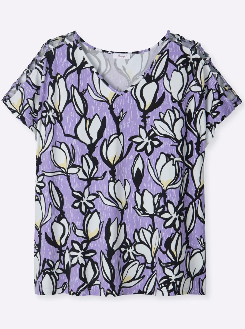 sheego V-Shirt flieder-ecru-bedruckt, Flieder-ecru-bedruckt, – Produktbild 1 von 2