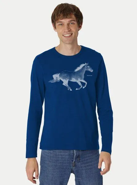 Peaces.bio - handbedruckte Biomode Peaces.bio - handbedruckte Biomode Bio-Herren-Langarmshirt Horsepower, Königsblau, – Produktbild 1 von 2
