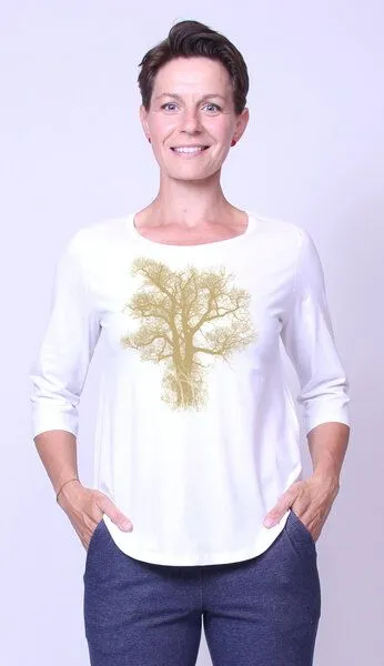 Peaces.bio - handbedruckte Biomode Peaces.bio - handbedruckte Biomode Bio-Damen-3/4 Arm Shirt Chestnut, Weiss, – Produktbild 2 von 2