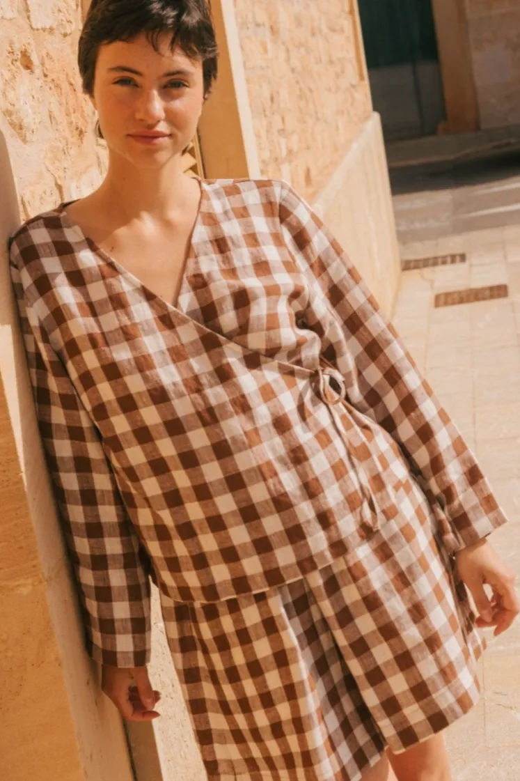 AmourLinen AmourLinen Damen vegan Wickeltop Adele Mocha Gingham, Braun, – Produktbild 2 von 2