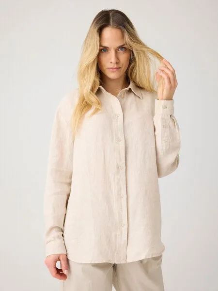 KnowledgeCotton Apparel KnowledgeCotton Apparel Lockeres Leinenhemd mit langen Ärmeln - Bio-Leinen GOTS/Vegan, Beige (yarndyed-light-feather-gray), – Produktbild 1 von 2