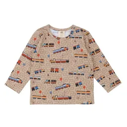 Walkiddy Kinder Langarmshirt GOTS zertifiziert, Bio-Baumwolle, braun, „Tiny Trains“, Zug-Muster, weich – Walkiddy – Produktbild 1 von 1