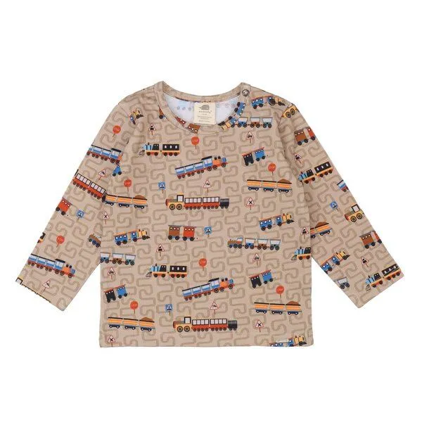 Walkiddy Kinder Langarmshirt GOTS zertifiziert, Bio-Baumwolle, braun, „Tiny Trains“, Zug-Muster, weich – Walkiddy, Braun, – Produktbild 1 von 2
