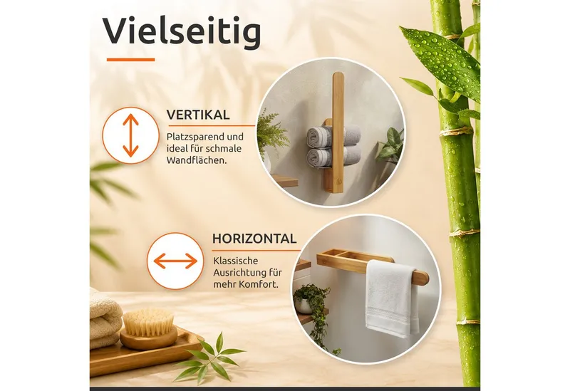 ECENCE Handtuchhalter Handtuchstange selbstklebend Holz Bambus ohne Bohren – Produktbild 3 von 5